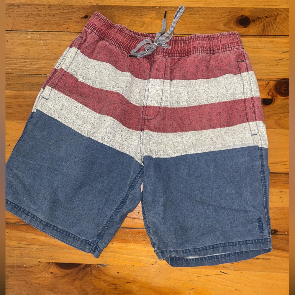 Valor Men's Red and Blue Striped Swim Shorts with Elastic Waist